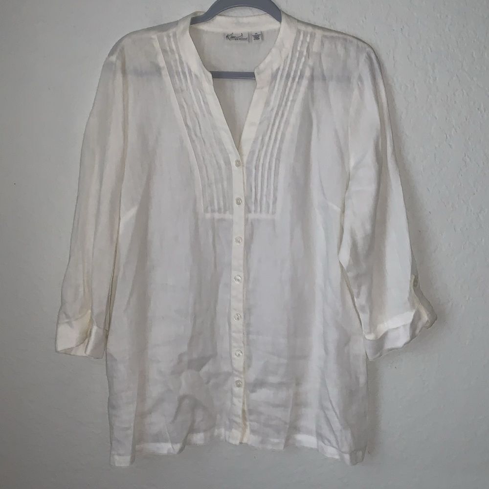 Kim Roger’s Linen Cuffed 3/4 Sleeve White Blouse Buttons Closure Size XL